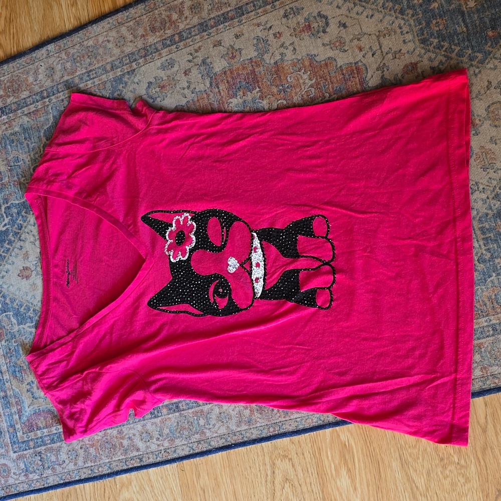 Rebecca Bonbon pink shirt w crystals/beaded v neck top black cat on back & front